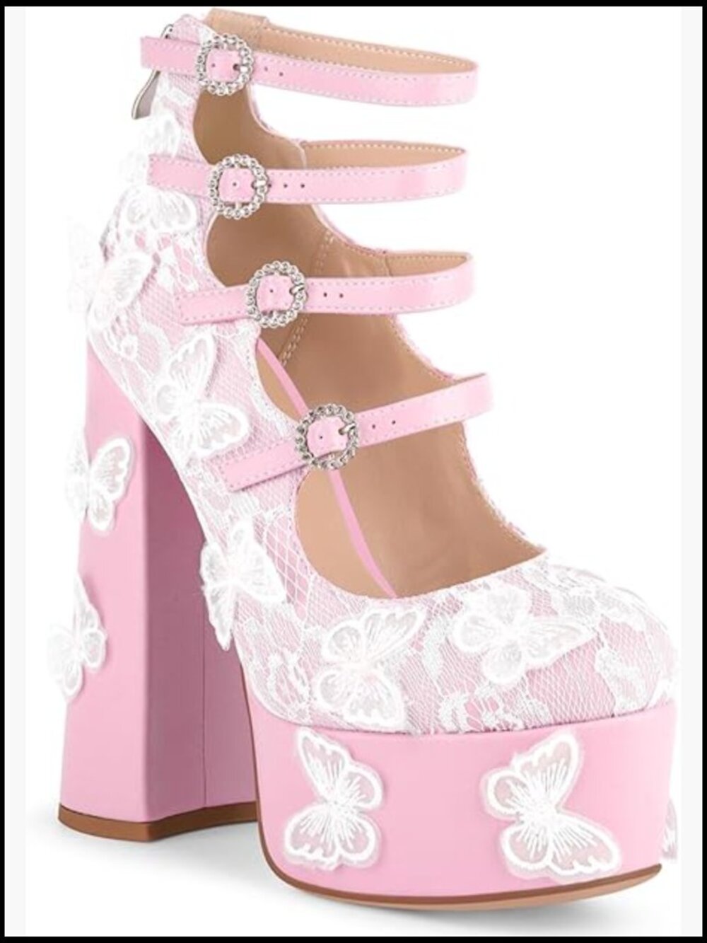 Women's Chunky Platform Heels with Lace Butterfly Square Toe Mary Jane Pumps